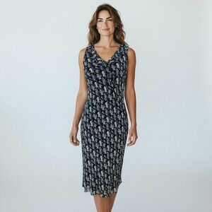 EVA BLUE Vintage Dark Floral Chiffon Midi Dress 12 DarkFairy Coquette Whimsigoth